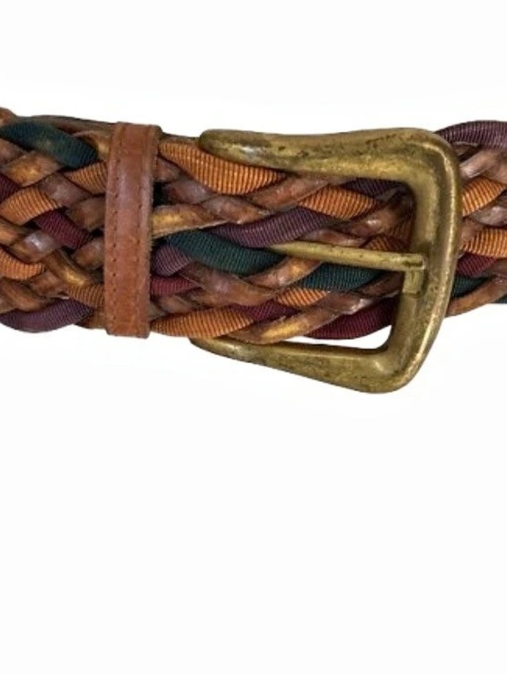 Vintage Leather Braided SMALL Belt Brown Green Camel Wide Boho Bohemian Gold